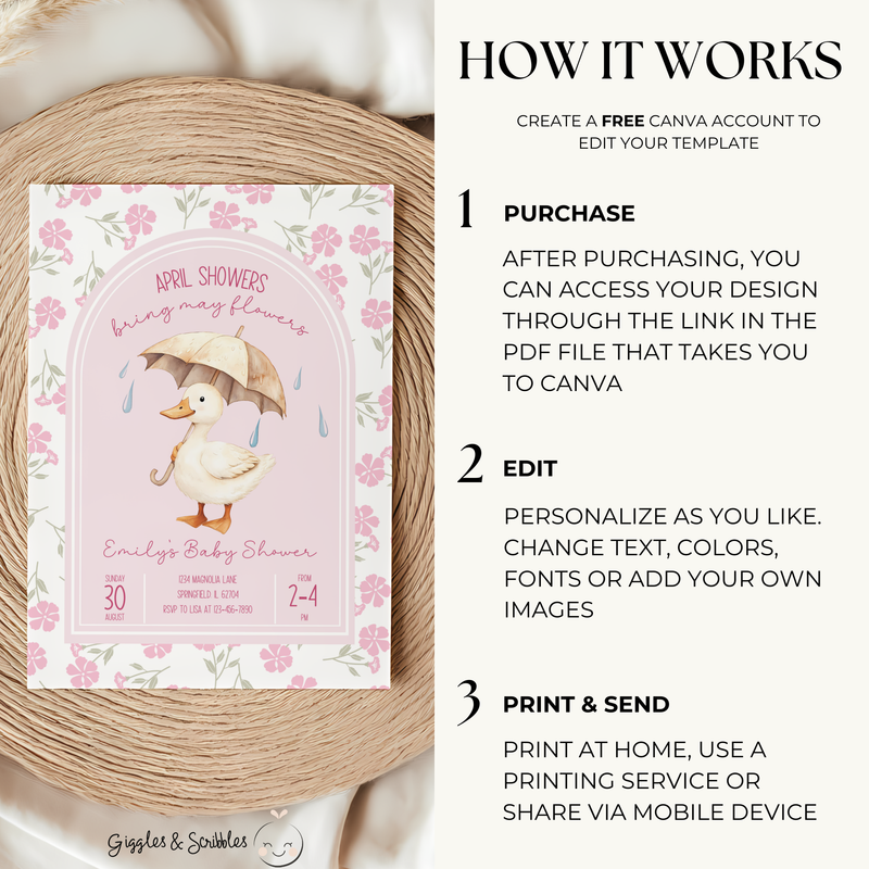 Baby Shower Invitation - Pink April Showers Bring May Flowers with Goose BS87