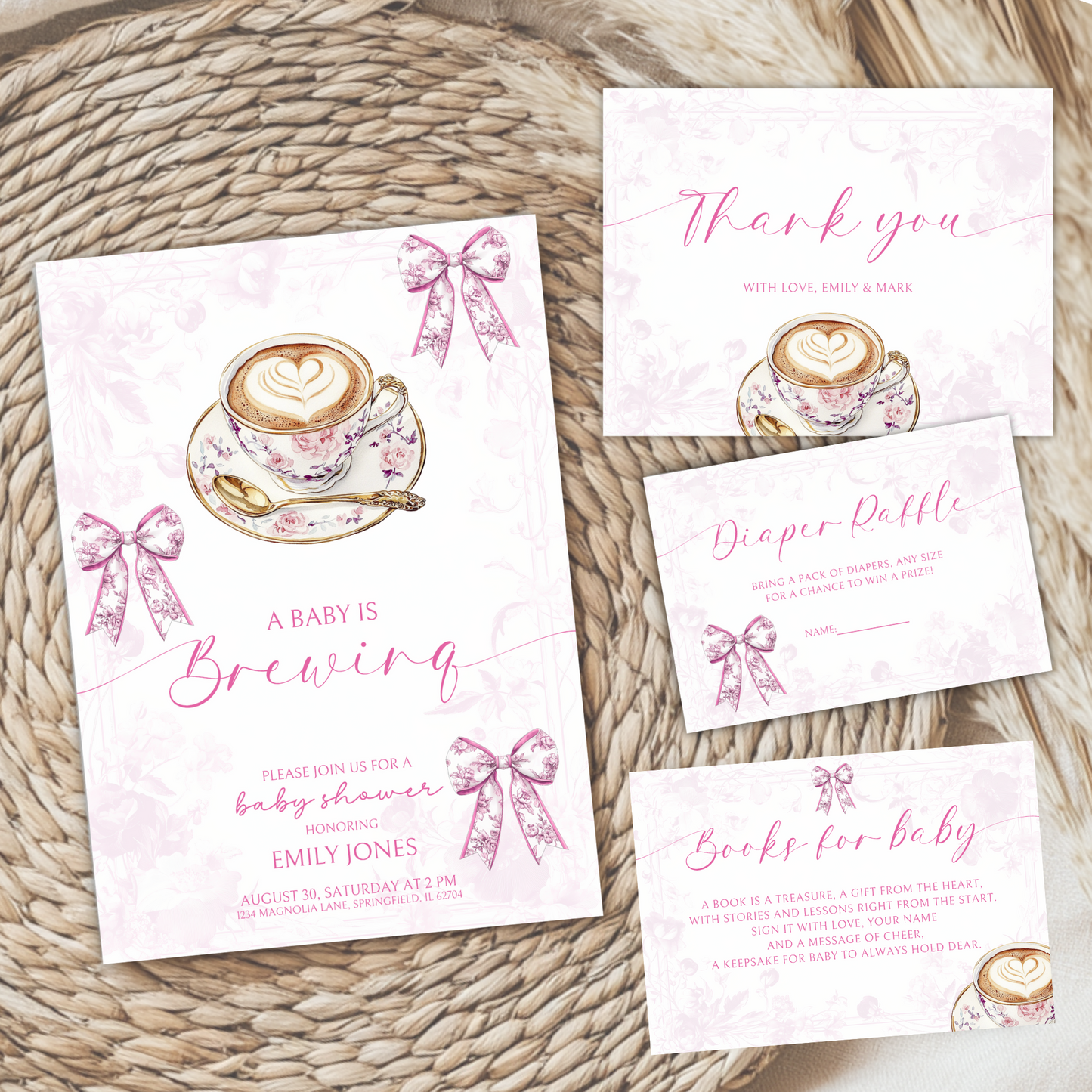 Baby Shower Invitation Bundle - Pink Baby Is Brewing Coffee Theme Toile de Jouy BS62