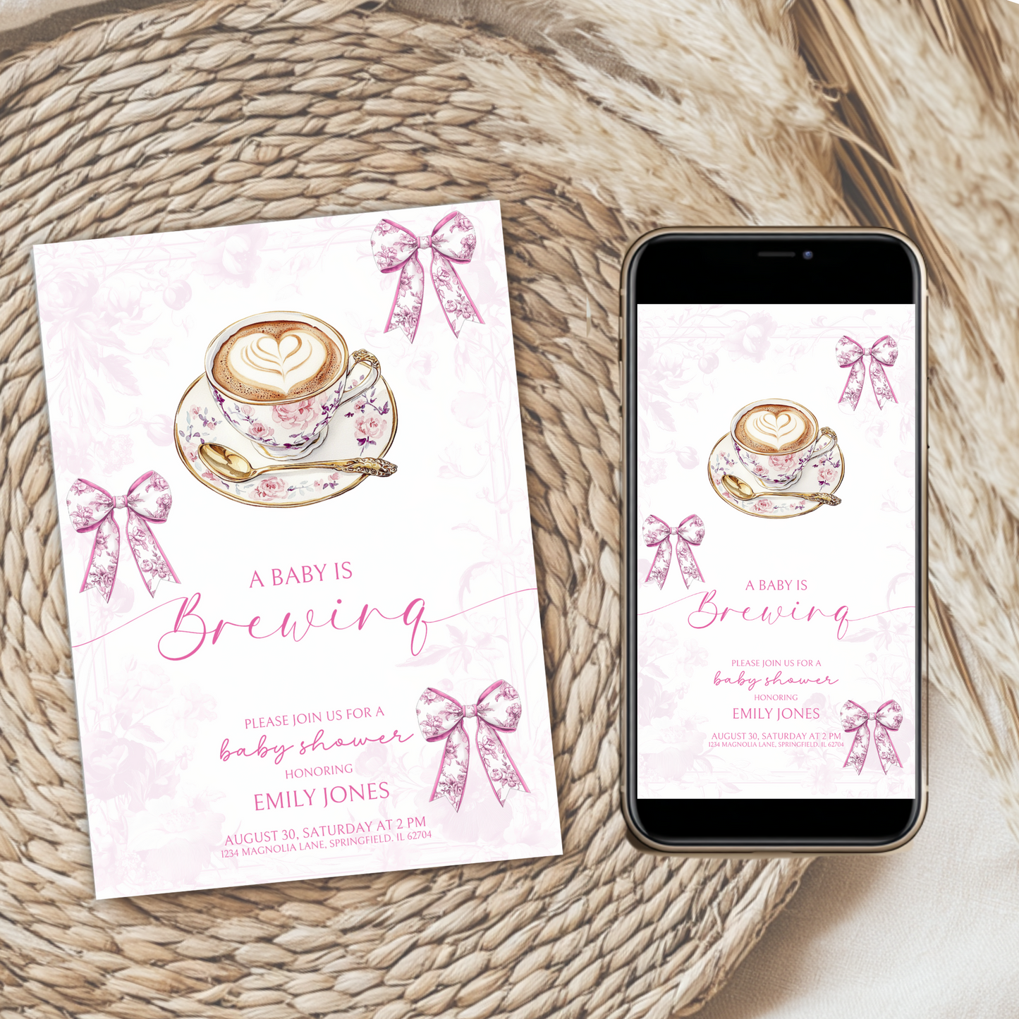Baby Shower Invitation Bundle - Pink Baby Is Brewing Coffee Theme Toile de Jouy BS62