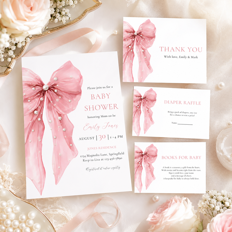 Pink Bow Baby Shower Templates Bundle BS164