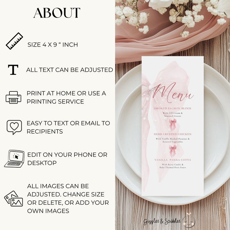 Pink Bows and Pearls Menu Card Template BS164