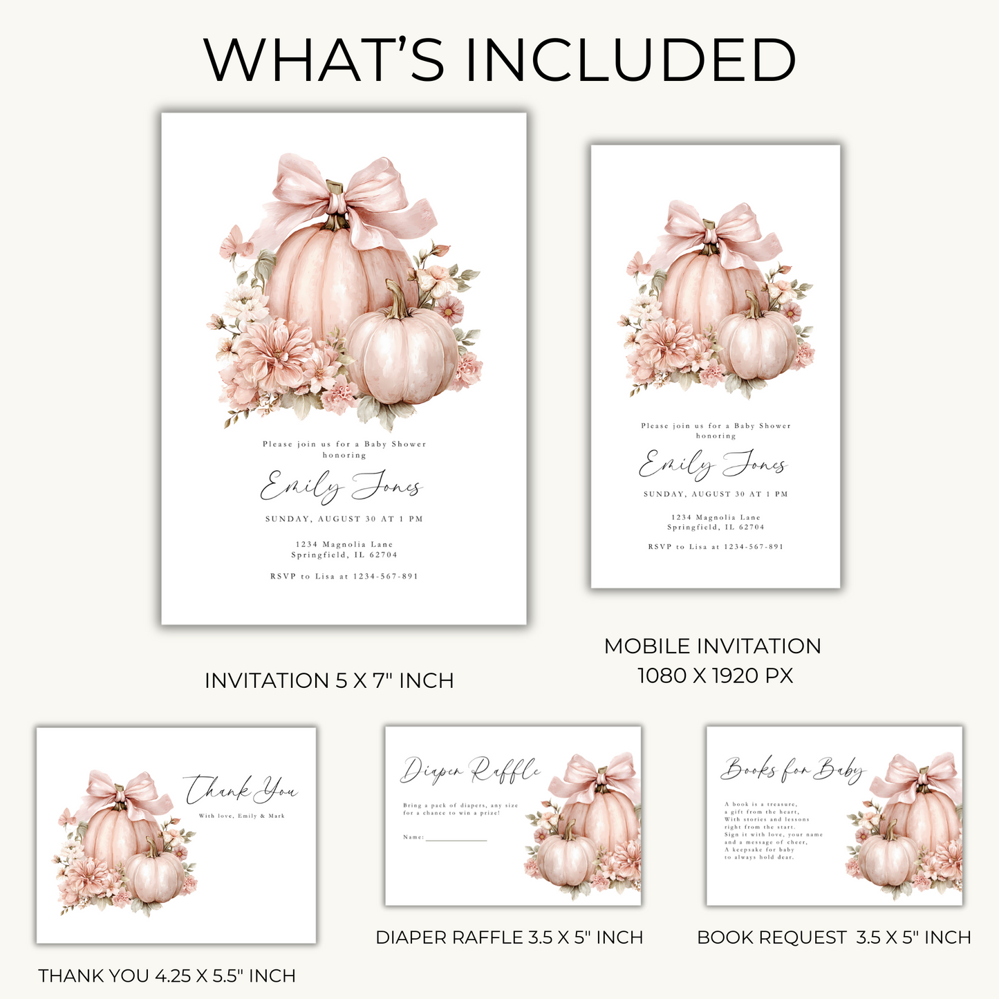 Baby Shower Invitation Bundle - Floral Pink Bow Pumpkin Coquette BS233