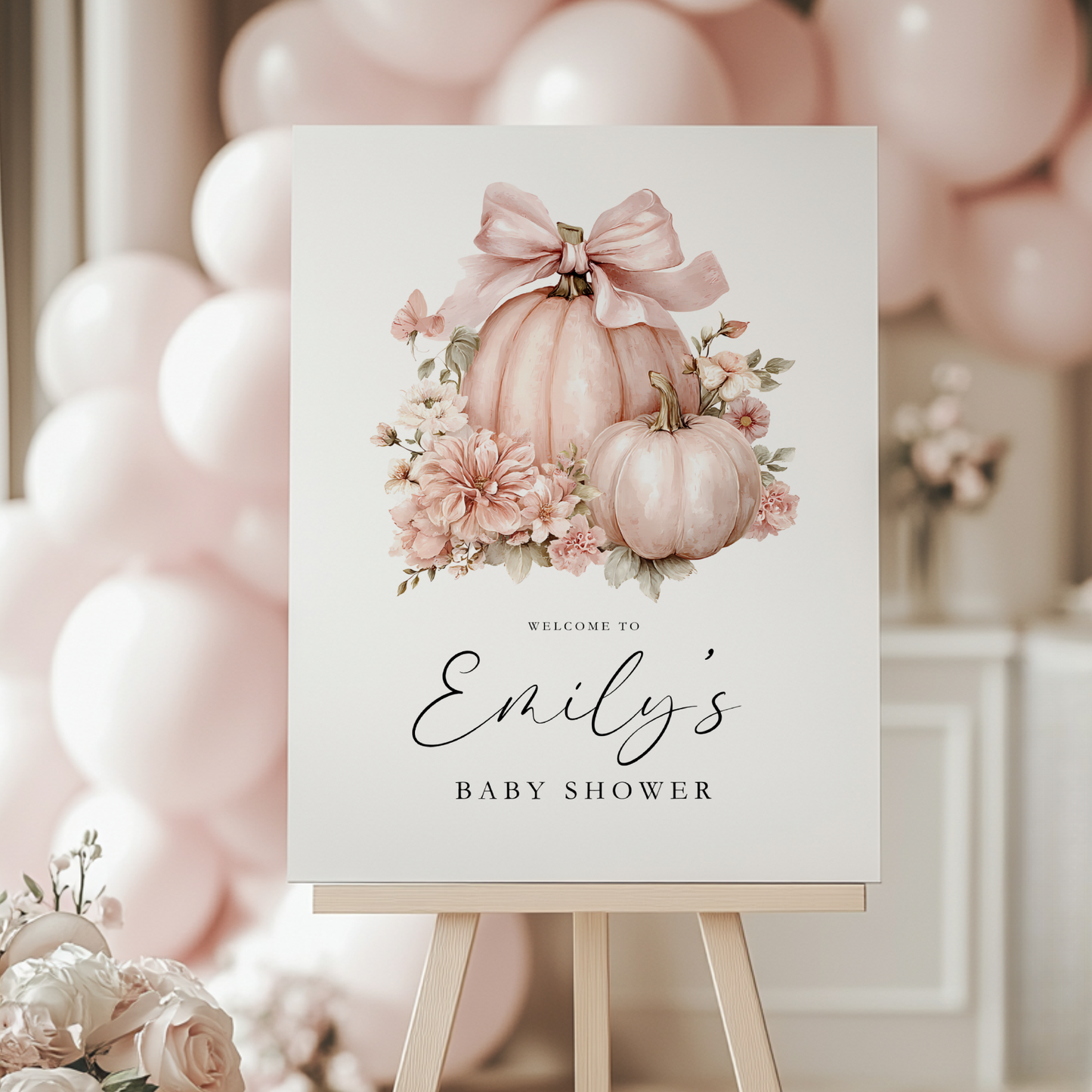 Baby Shower Welcome Sign - Pink Pumpkin Floral Bow Coquette BS233