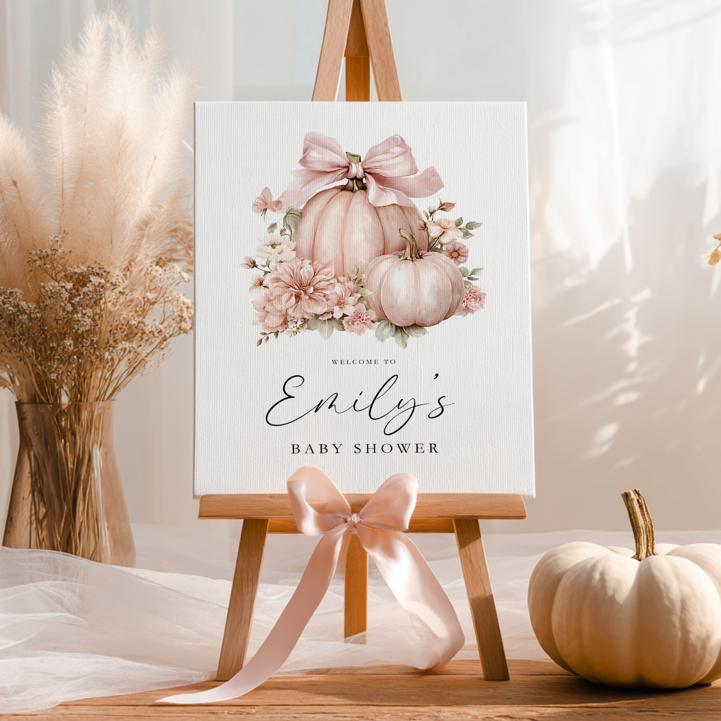 Baby Shower Welcome Sign - Pink Pumpkin Floral Bow Coquette BS233