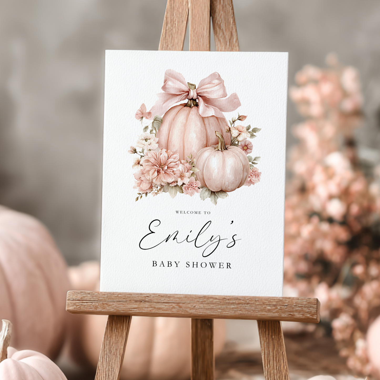 Baby Shower Welcome Sign - Pink Pumpkin Floral Bow Coquette BS233