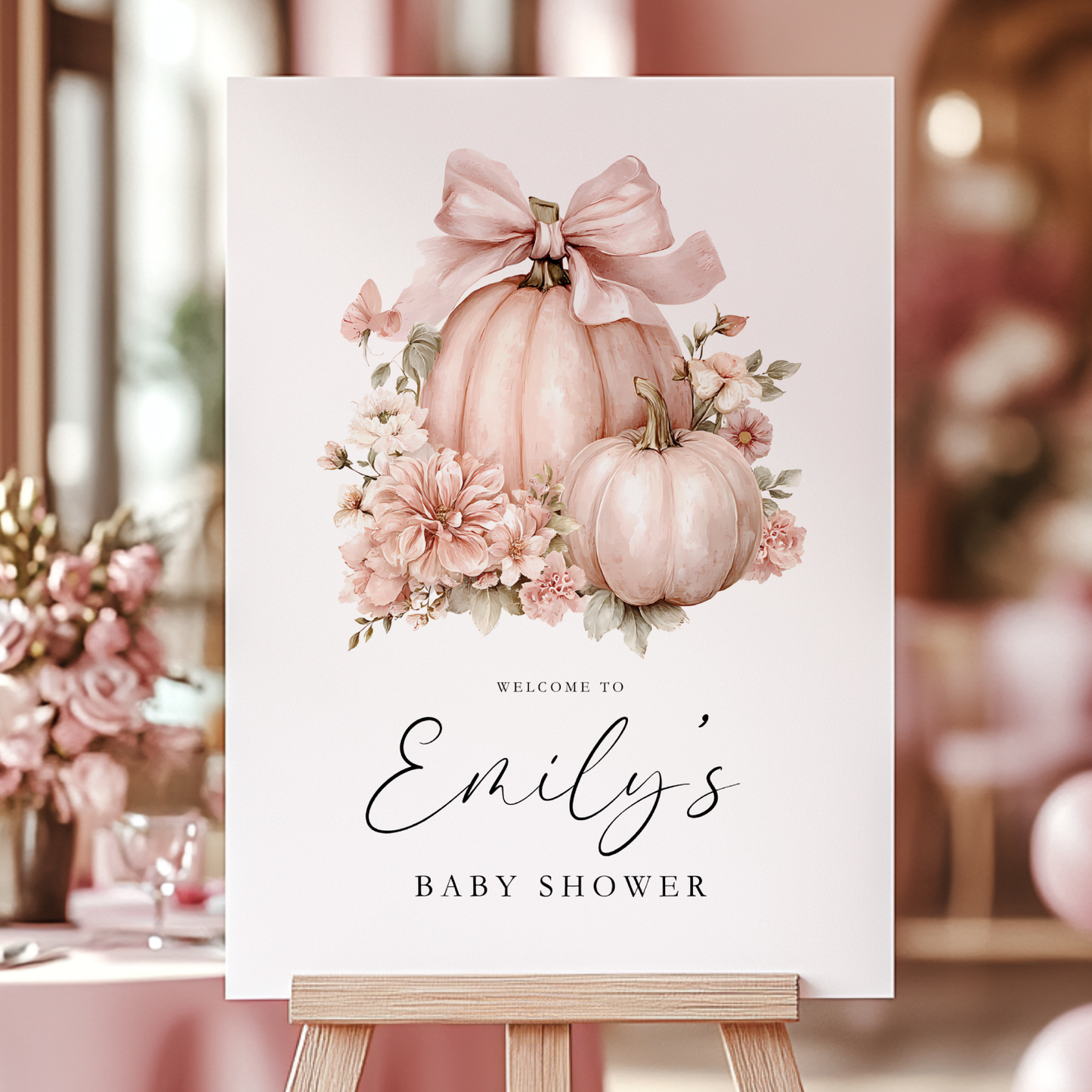 Baby Shower Welcome Sign - Pink Pumpkin Floral Bow Coquette BS233