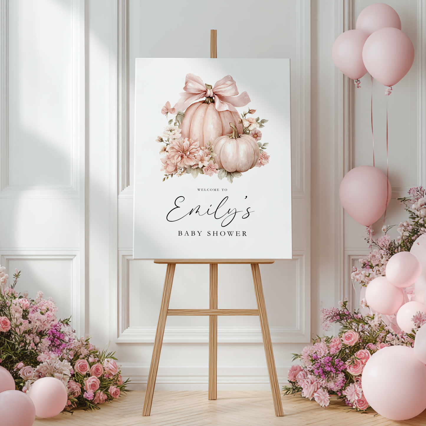 Baby Shower Welcome Sign - Pink Pumpkin Floral Bow Coquette BS233