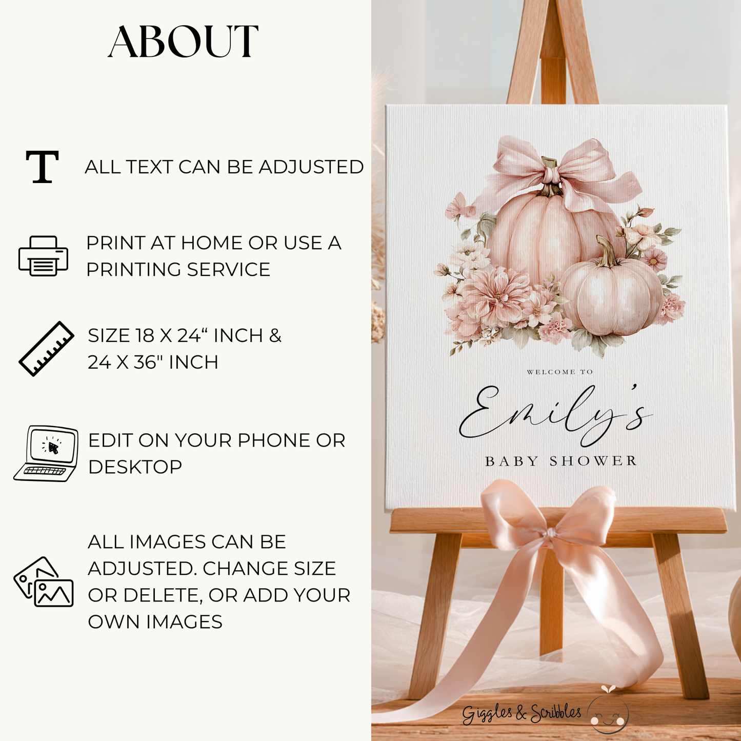 Baby Shower Welcome Sign - Pink Pumpkin Floral Bow Coquette BS233