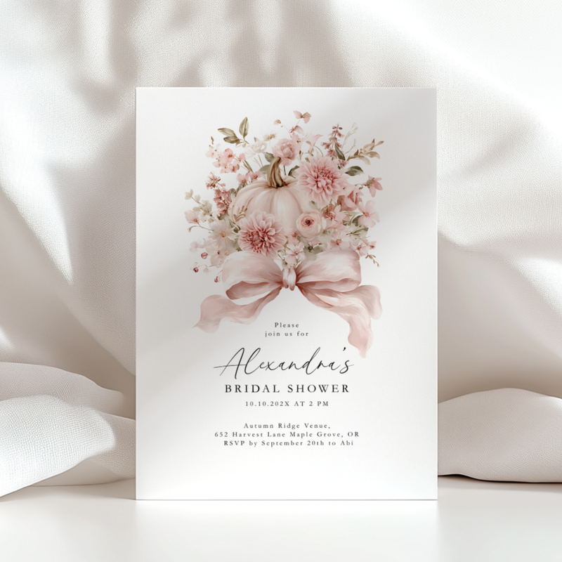 Dusty Pink Bow Pumpkin Bridal Shower Invitation Template L16