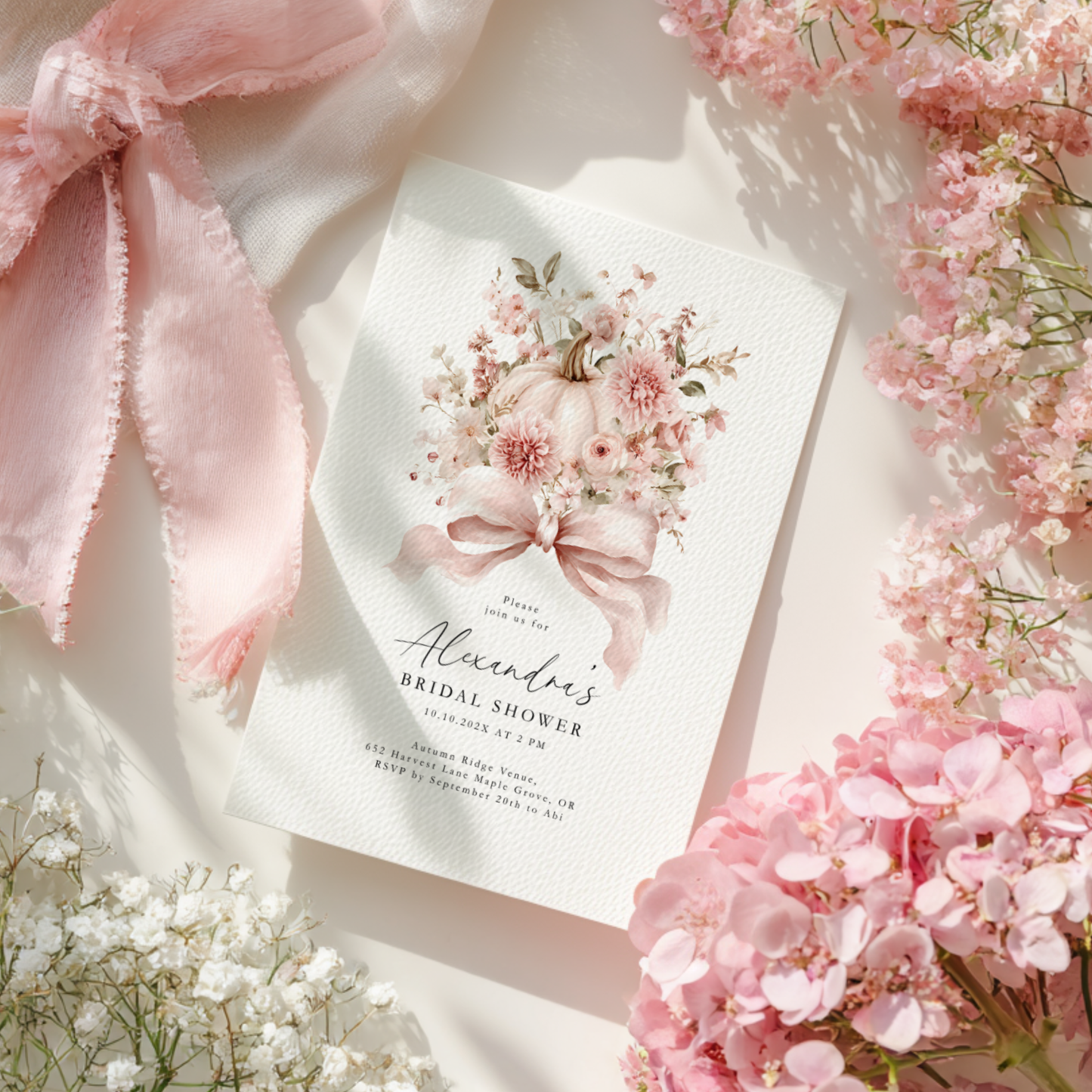 Dusty Pink Bow Pumpkin Bridal Shower Invitation Template L16