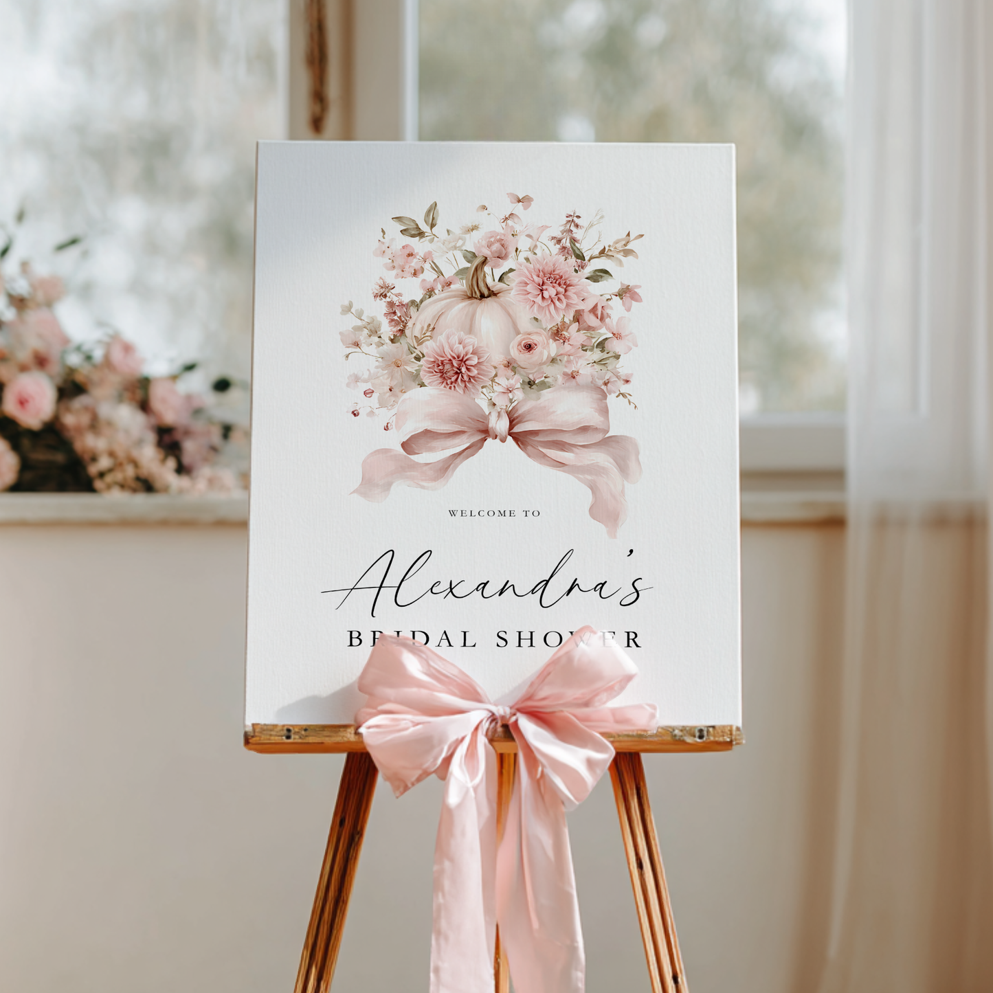 Pink Bow Pumpkin Fall Bridal Shower Welcome Sign Template L16