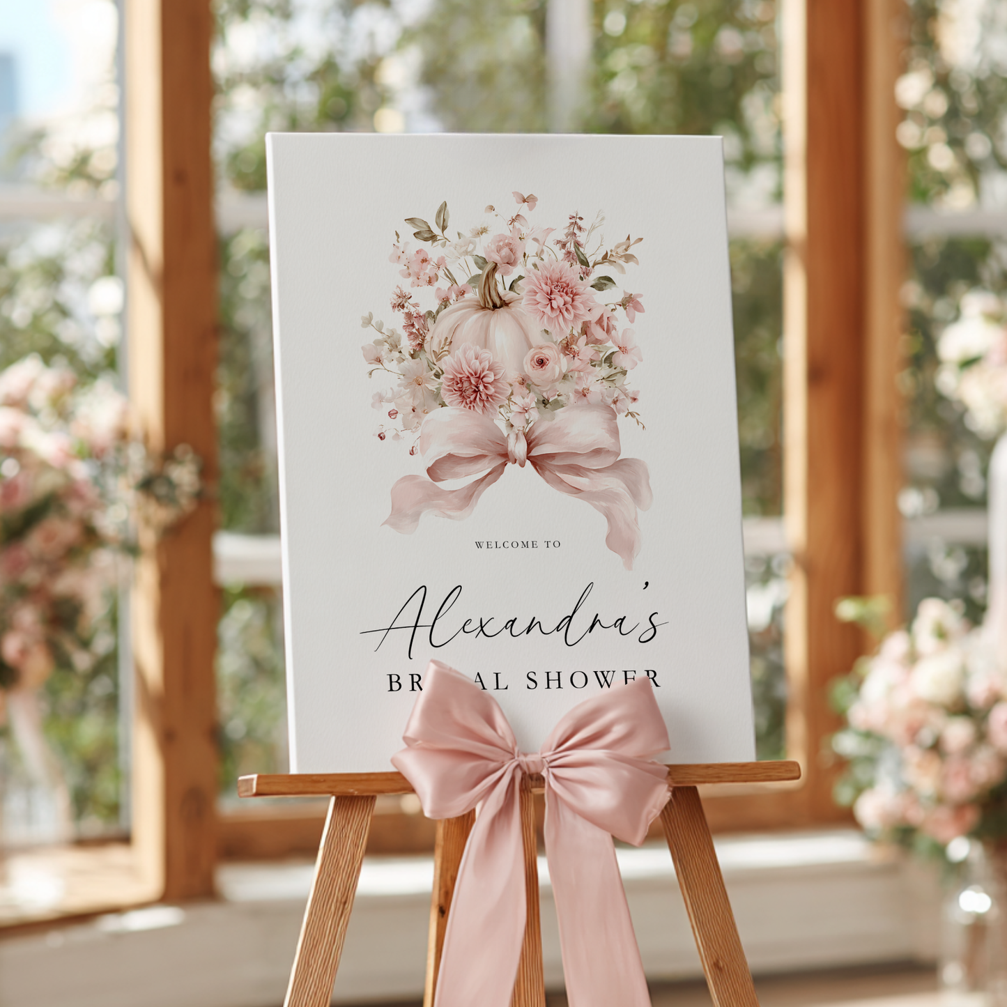 Pink Bow Pumpkin Fall Bridal Shower Welcome Sign Template L16