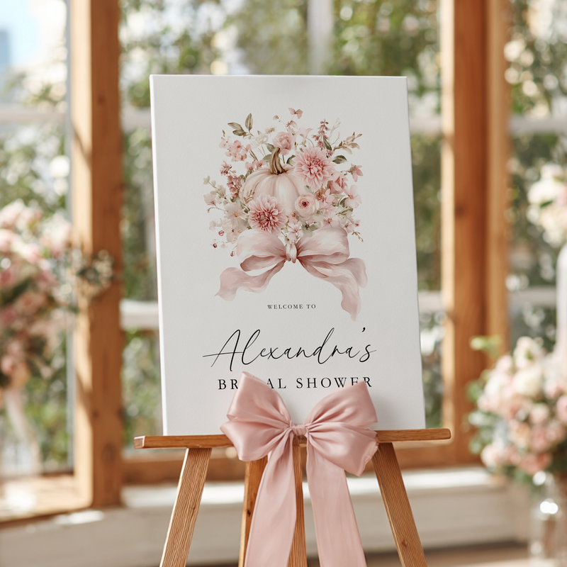 Pink Bow Pumpkin Fall Bridal Shower Welcome Sign Template L16