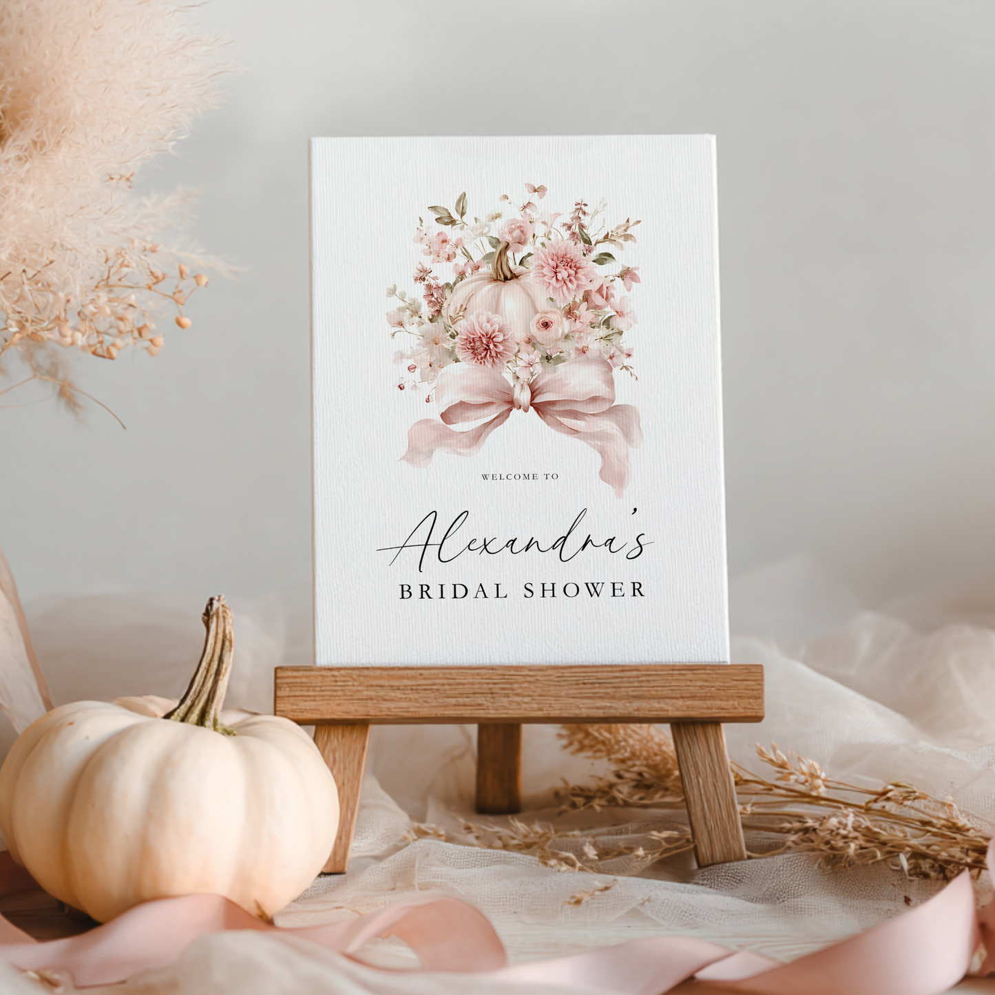 Pink Bow Pumpkin Fall Bridal Shower Welcome Sign Template L16