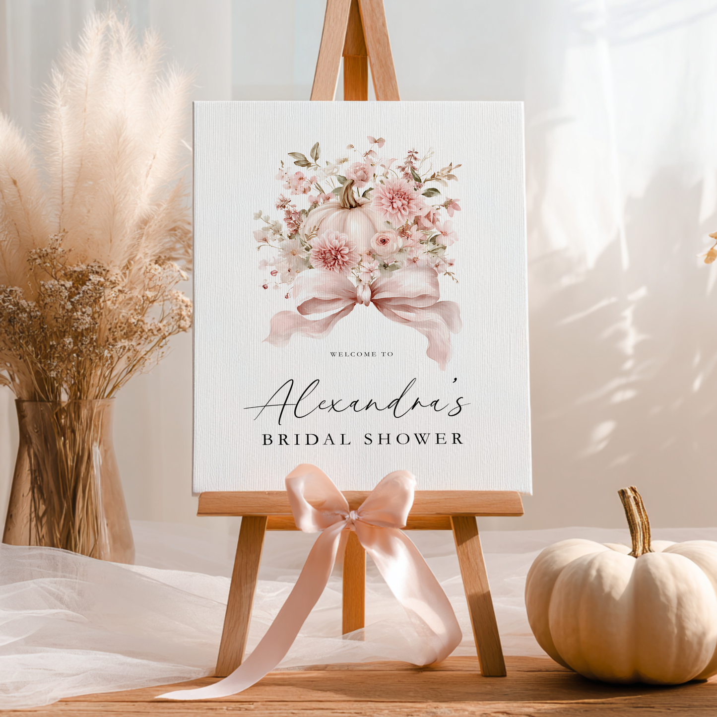 Pink Bow Pumpkin Fall Bridal Shower Welcome Sign Template L16