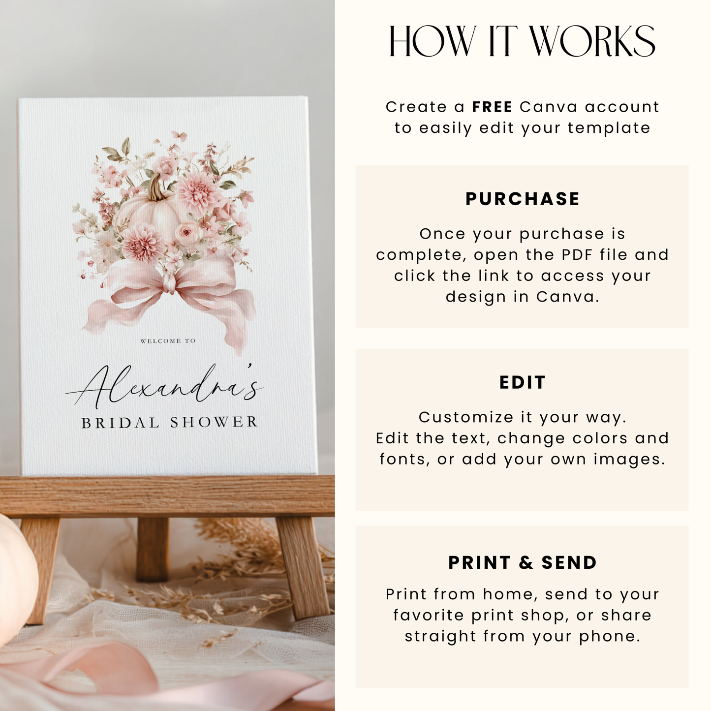 Pink Bow Pumpkin Fall Bridal Shower Welcome Sign Template L16