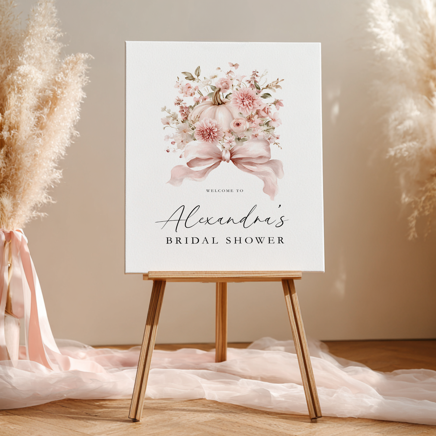 Pink Bow Pumpkin Fall Bridal Shower Welcome Sign Template L16
