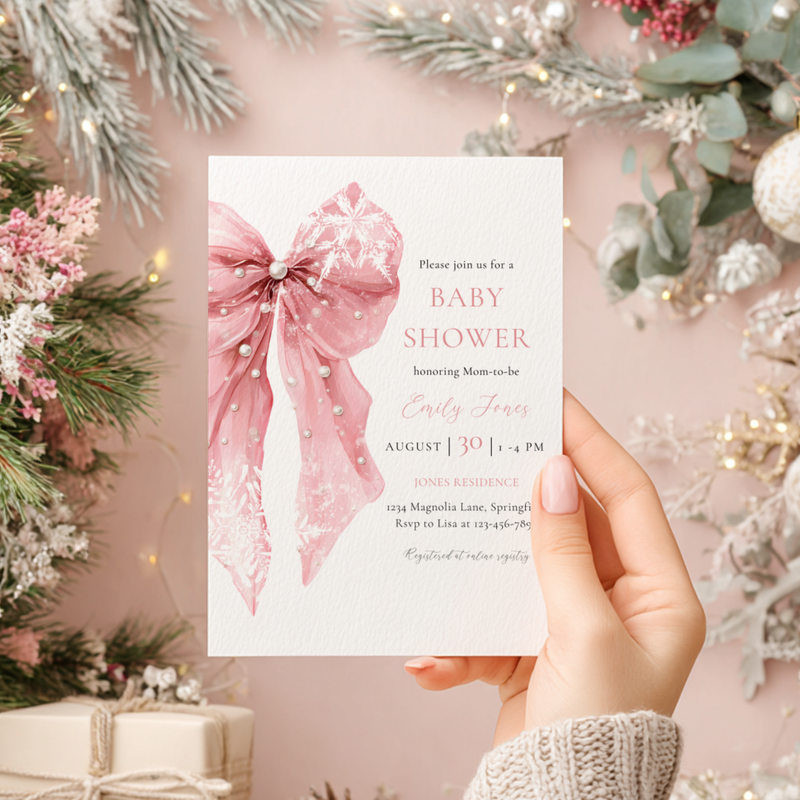 Baby Shower Invitation - Pink Bow with Snowflakes BS257