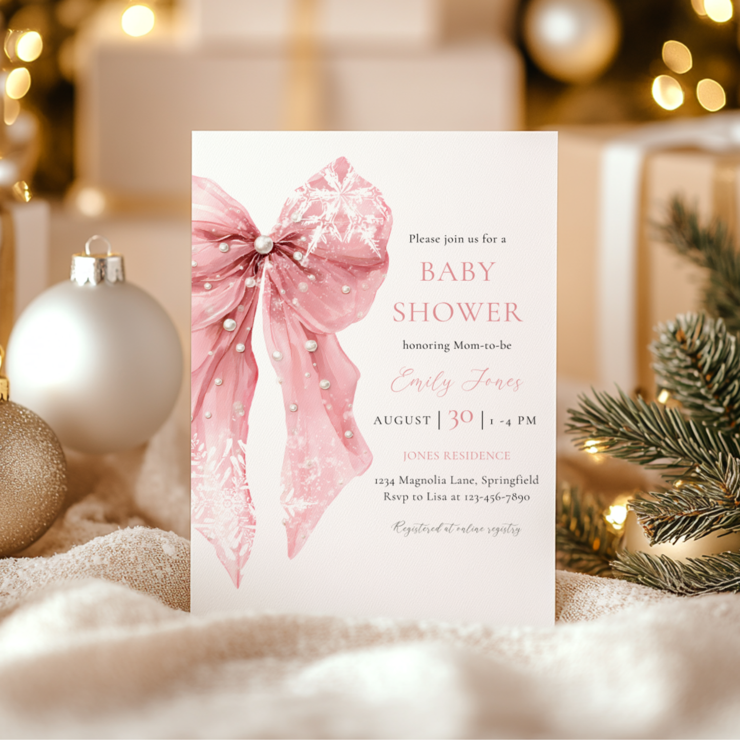 Pink Bow Snowflake Winter Baby Shower Invitation Bundle BS257