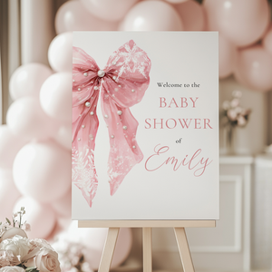 Pink Bow Winter Baby Shower Welcome Sign Template BS257