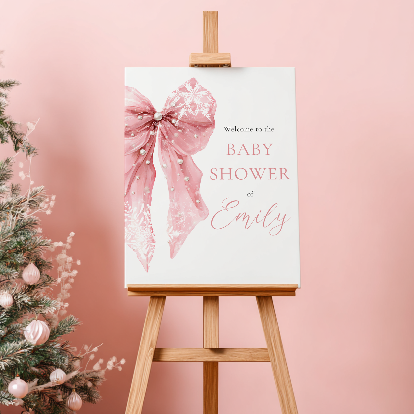 Pink Bow Winter Baby Shower Welcome Sign Template BS257