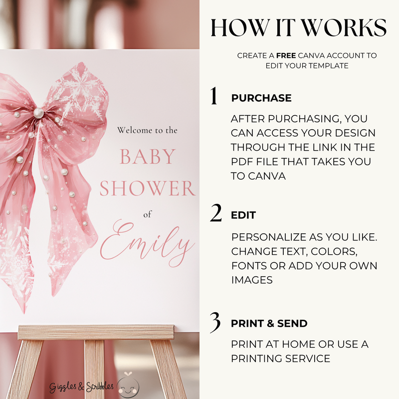 Pink Bow Winter Baby Shower Welcome Sign Template BS257