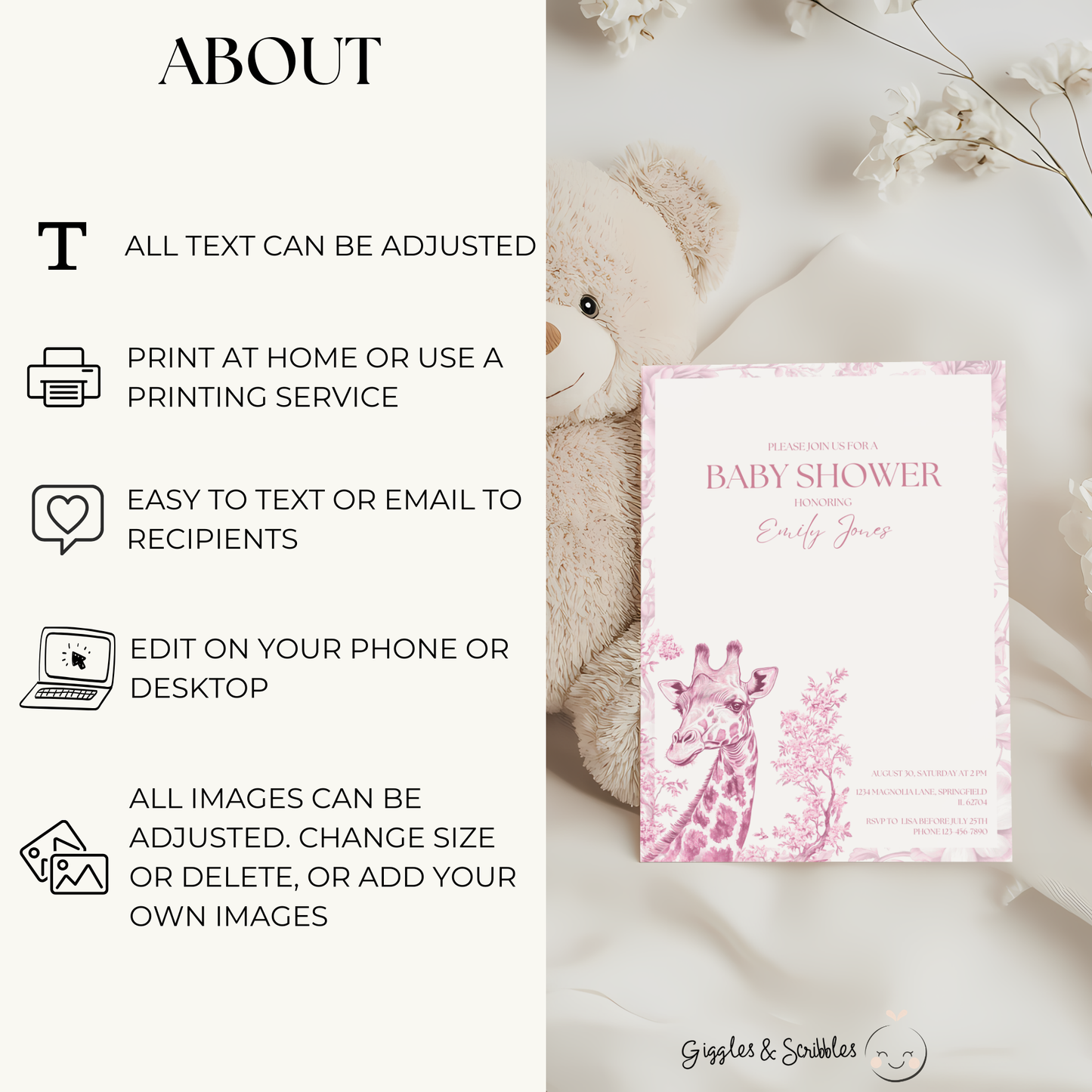 Baby Shower Invitation Bundle - Pink Safari Chinoiserie Giraffe BS16