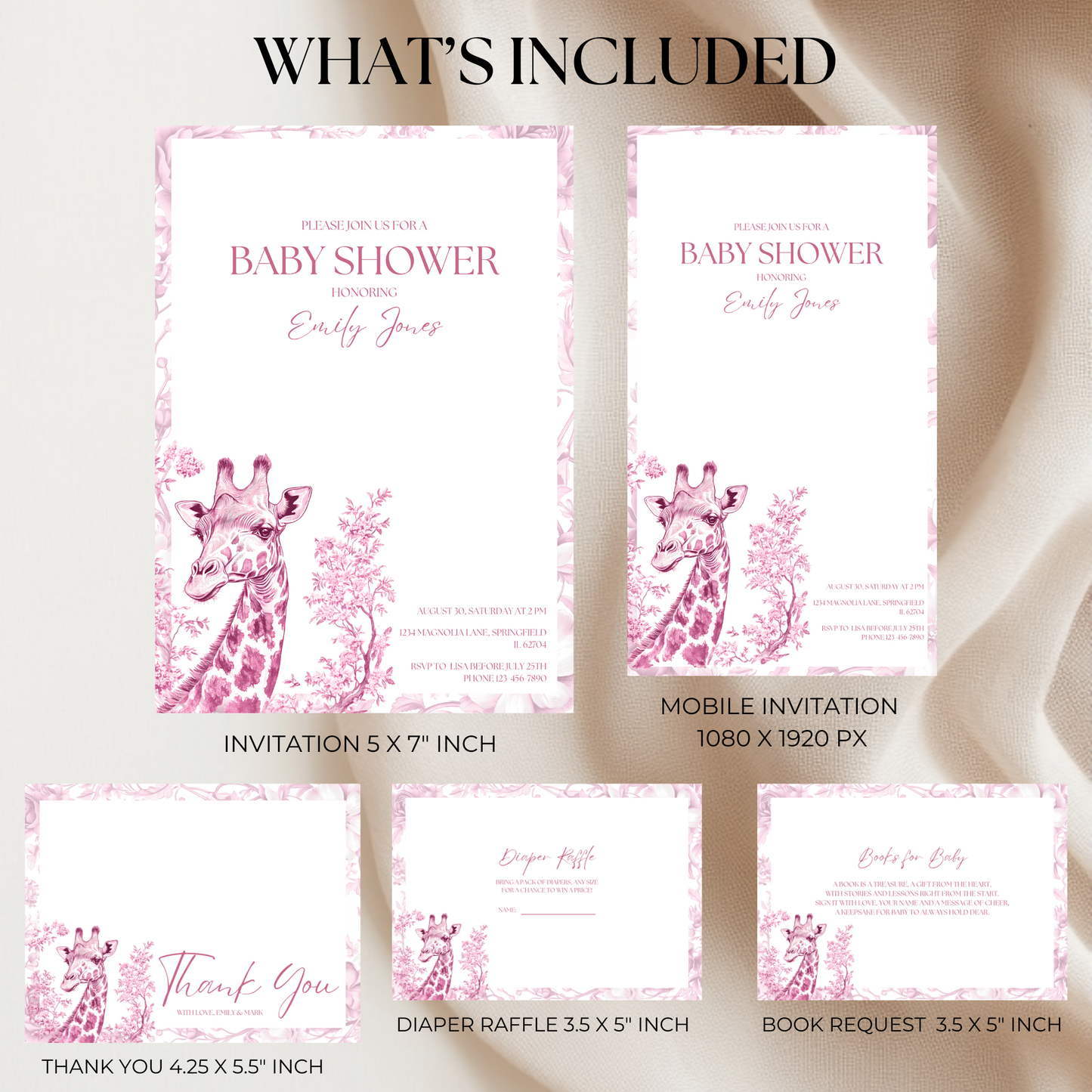 Baby Shower Invitation Bundle - Pink Safari Chinoiserie Giraffe BS16