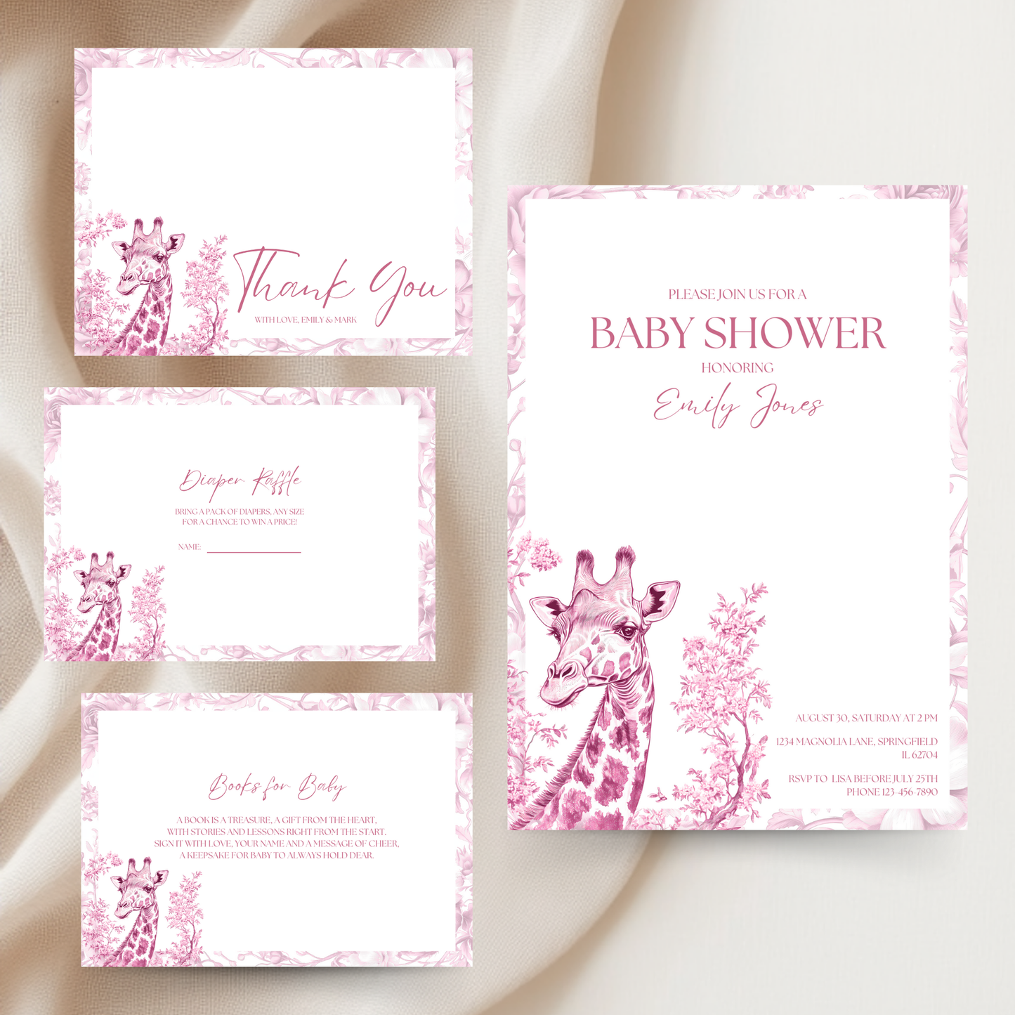Baby Shower Invitation Bundle - Pink Safari Chinoiserie Giraffe BS16