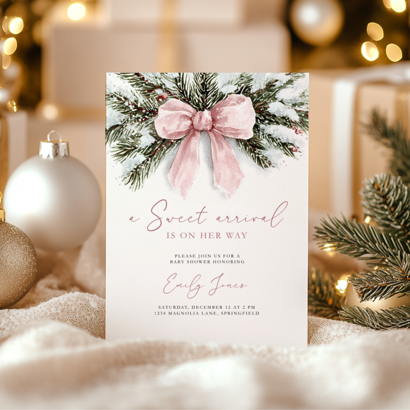 A Sweet Arrival Pink Bow Christmas Baby Shower Invitation BS263