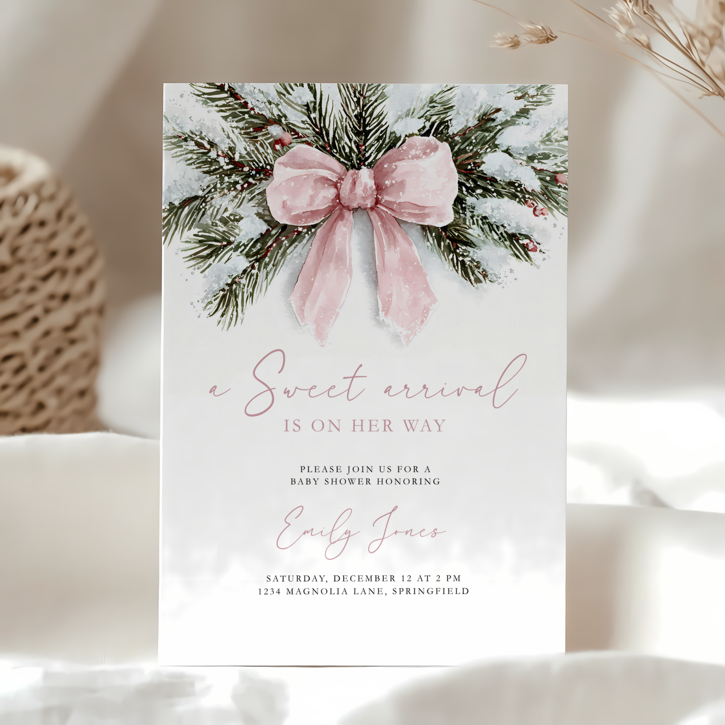 A Sweet Arrival Pink Bow Christmas Baby Shower Invitation BS263