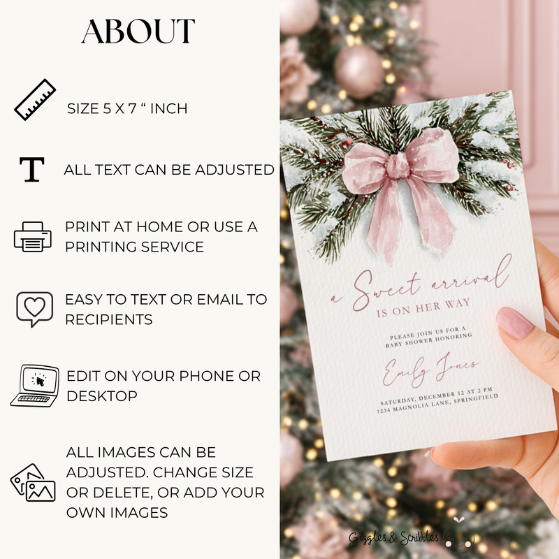 A Sweet Arrival Pink Bow Christmas Baby Shower Invitation BS263
