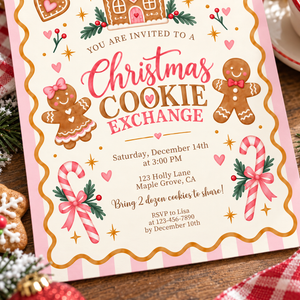 Pink Christmas Cookie Exchange Invitation – Gingerbread Cookie Swap L188