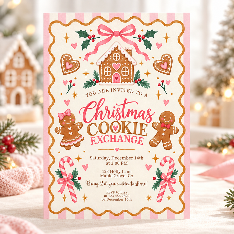 Pink Christmas Cookie Exchange Invitation – Gingerbread Cookie Swap L188
