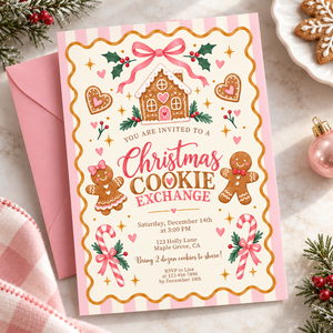 Pink Christmas Cookie Exchange Invitation – Gingerbread Cookie Swap L188