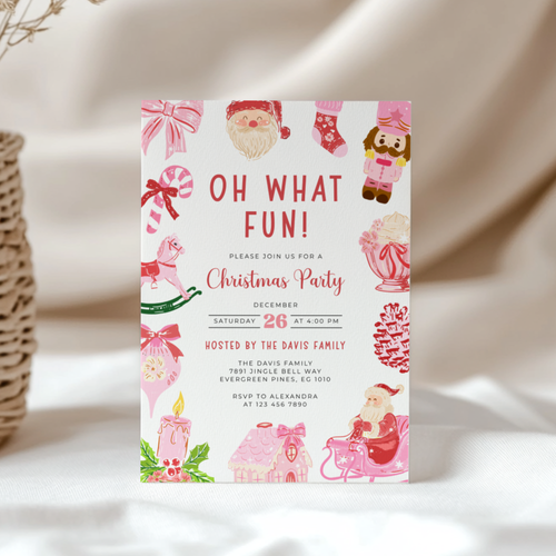 Oh What Fun Christmas Invitation Template with Grandmillennial Illustrations L52