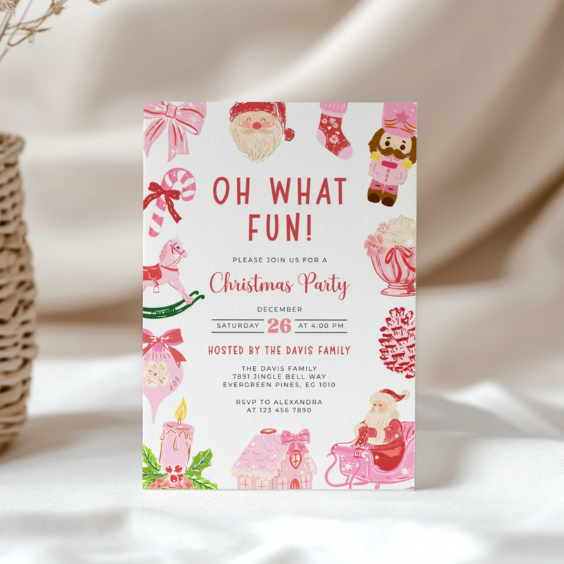 Oh What Fun Christmas Invitation Template with Grandmillennial Illustrations L52