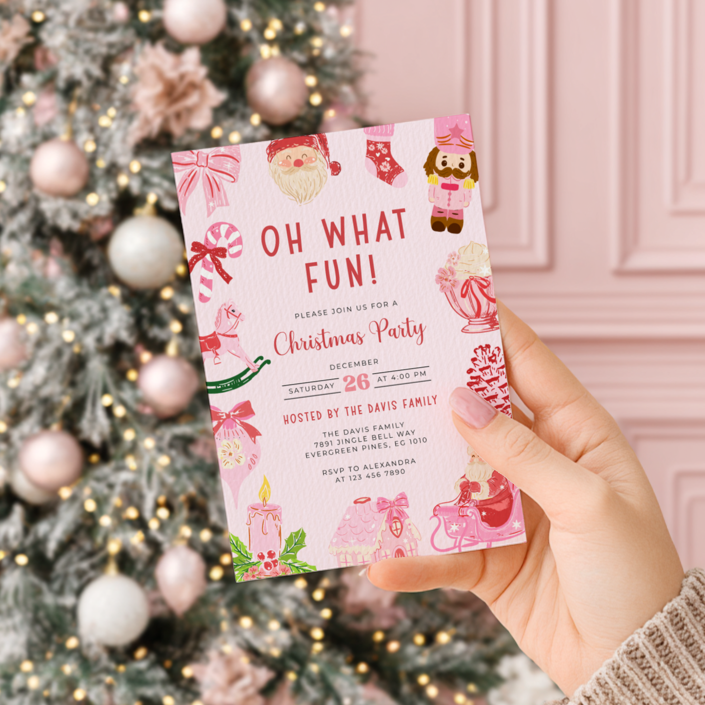 Oh What Fun Christmas Invitation Template with Grandmillennial Illustrations L52