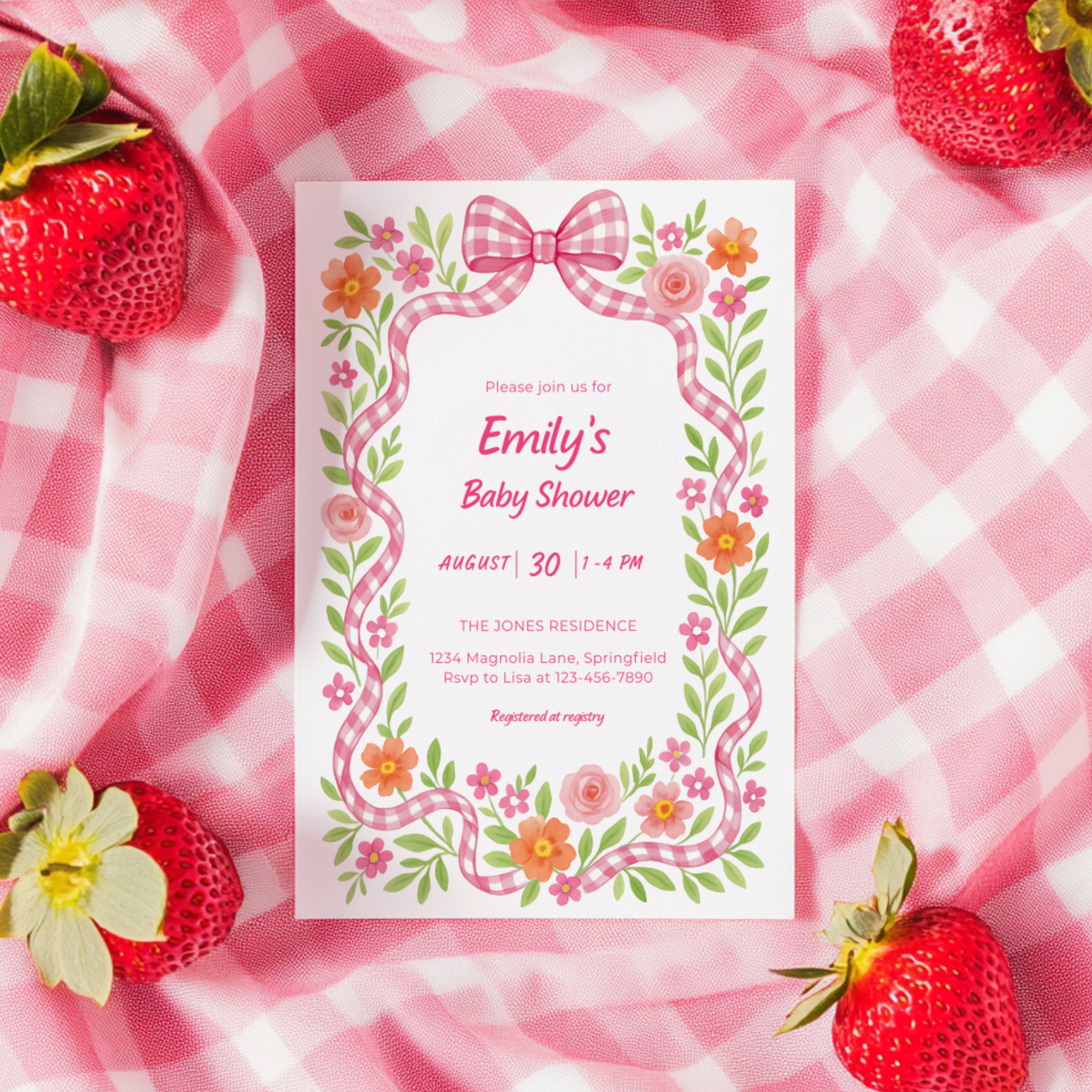 Baby Shower Invitation - Pink Gingham Bow Floral Baby In Bloom BS171