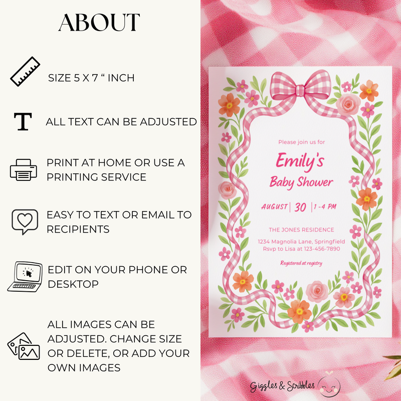 Baby Shower Invitation - Pink Gingham Bow Floral Baby In Bloom BS171