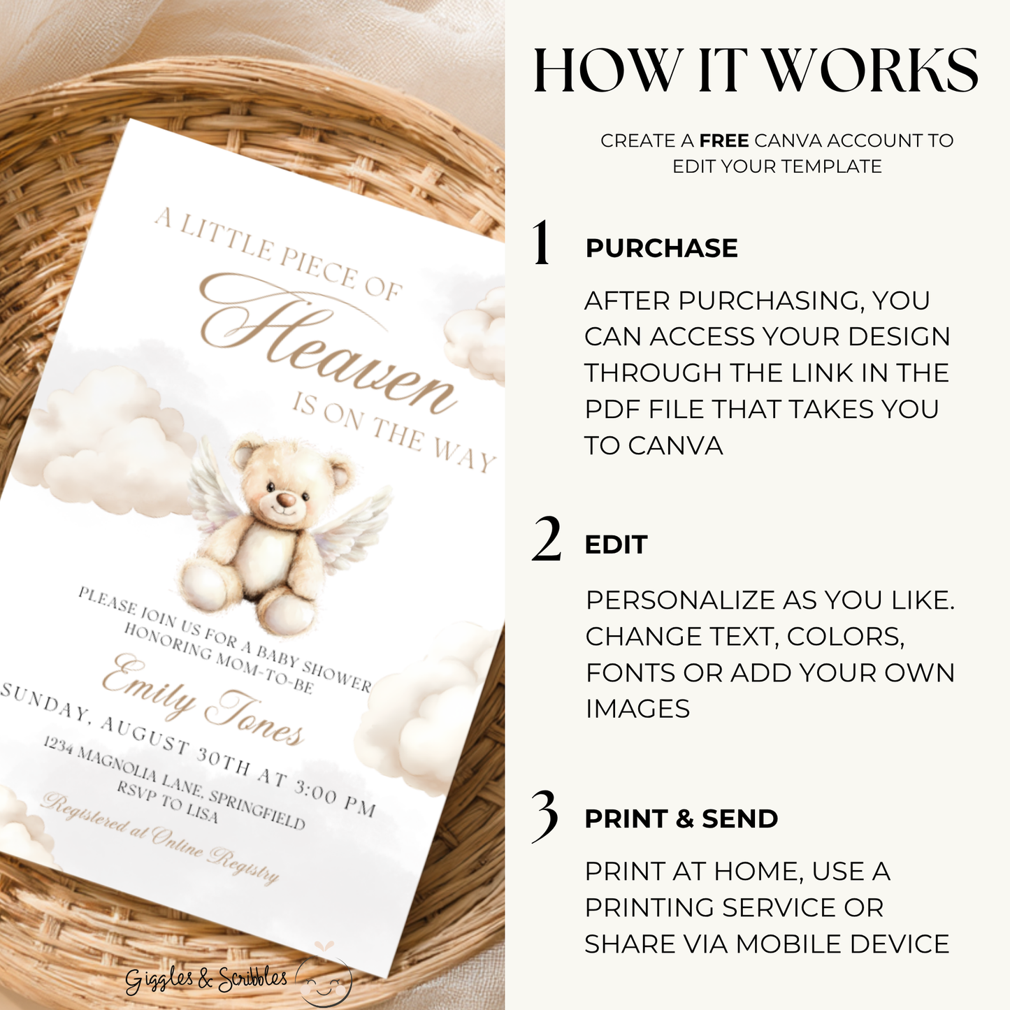 Baby Shower Invitation Bundle - Little Piece Of Heaven Beige Heaven Sent Teddy Bear BS172