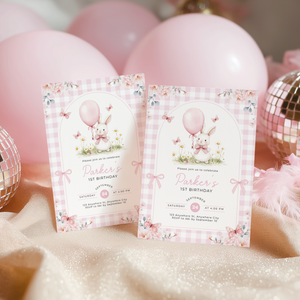 Pink Gingham Bunny Birthday Invitation L112