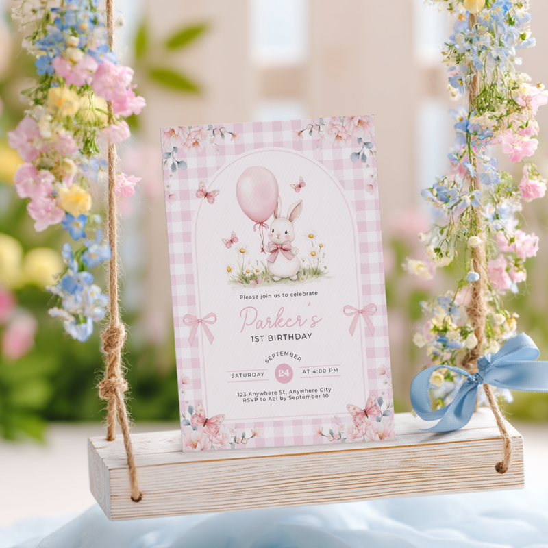 Pink Gingham Bunny Birthday Invitation L112