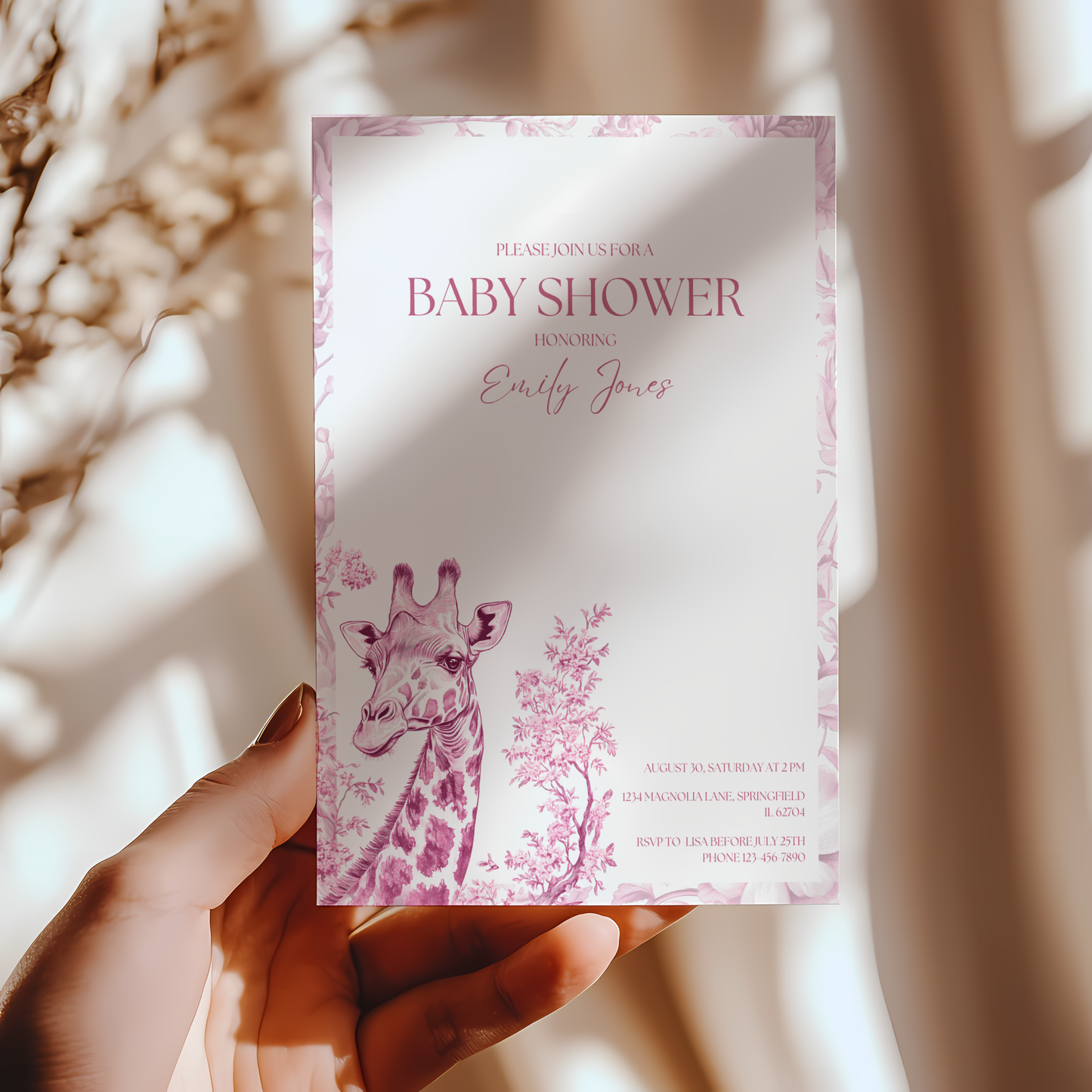 Baby Shower Invitation - Pink Safari Chinoiserie Giraffe BS16