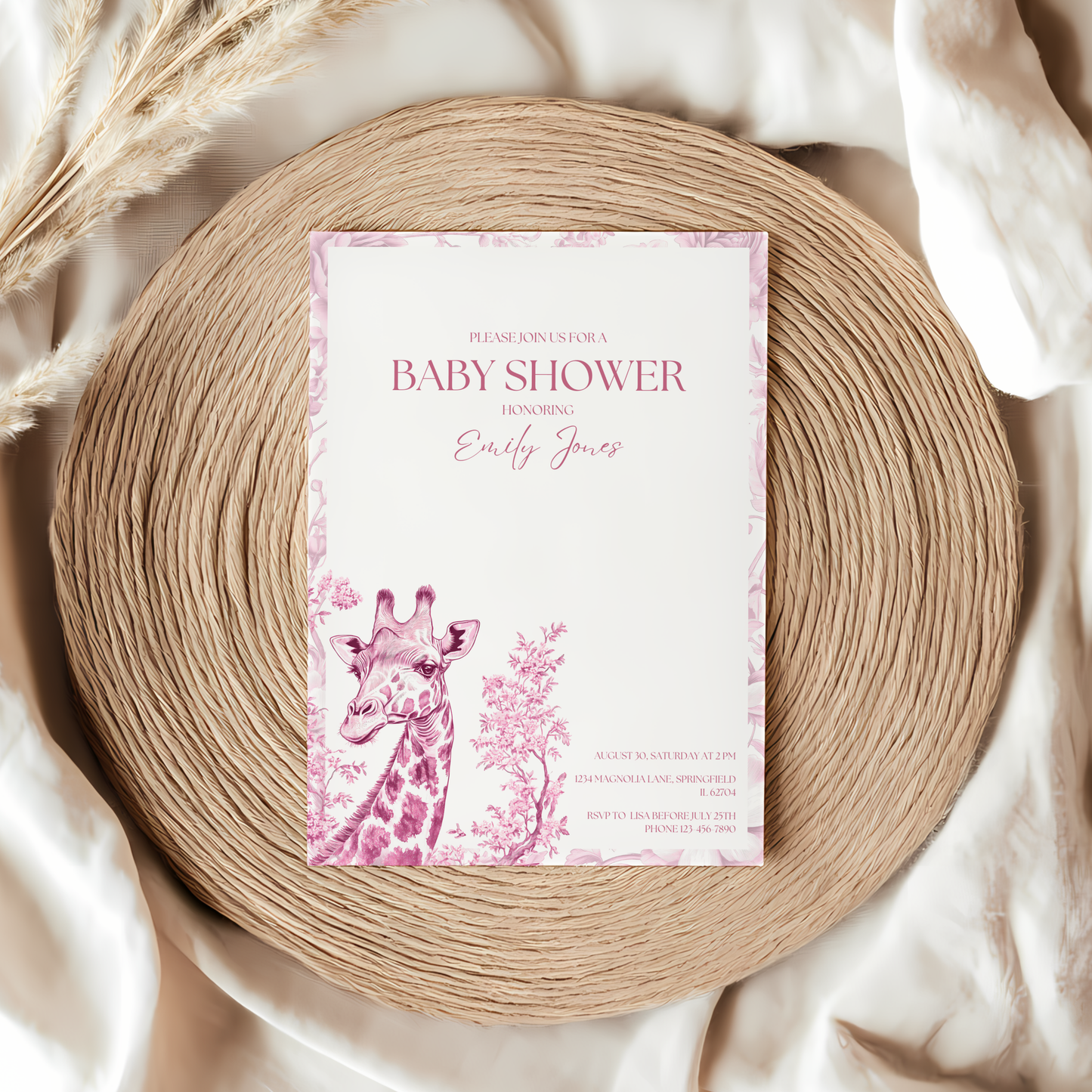 Baby Shower Invitation - Pink Safari Chinoiserie Giraffe BS16