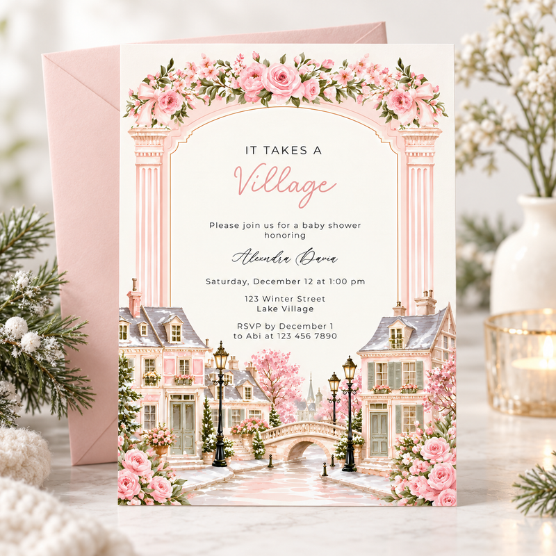 Pink It Takes a Village Baby Shower Invitation L168