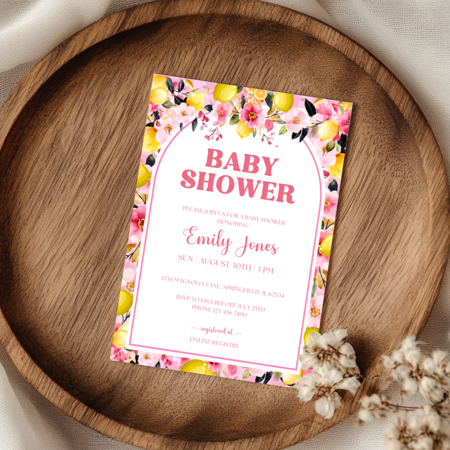 Baby Shower Invitation - Pink Lemon Citrus Summer Floral BS113
