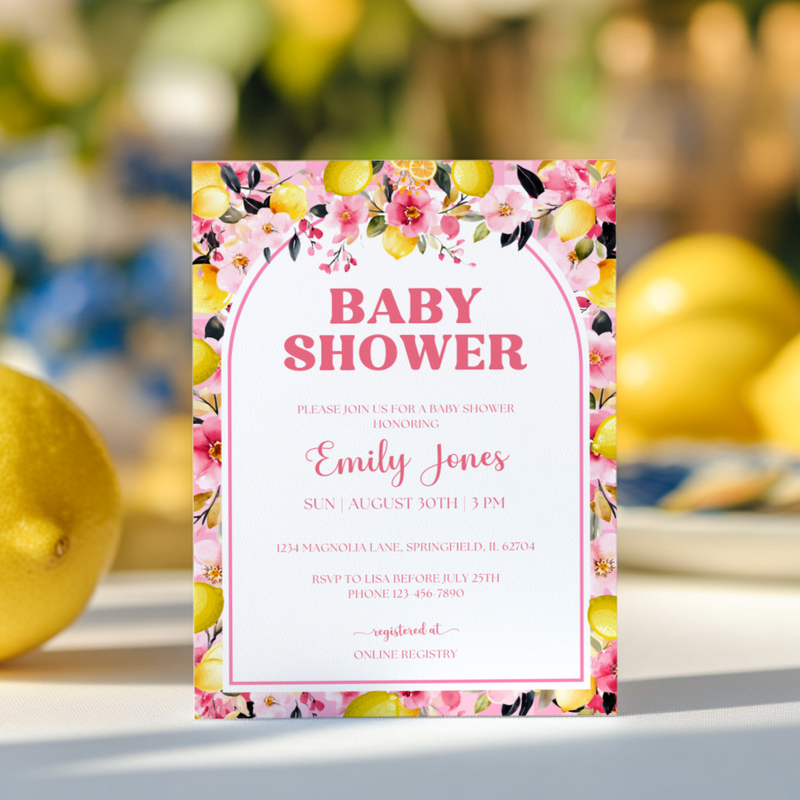 Baby Shower Invitation - Pink Lemon Citrus Summer Floral BS113