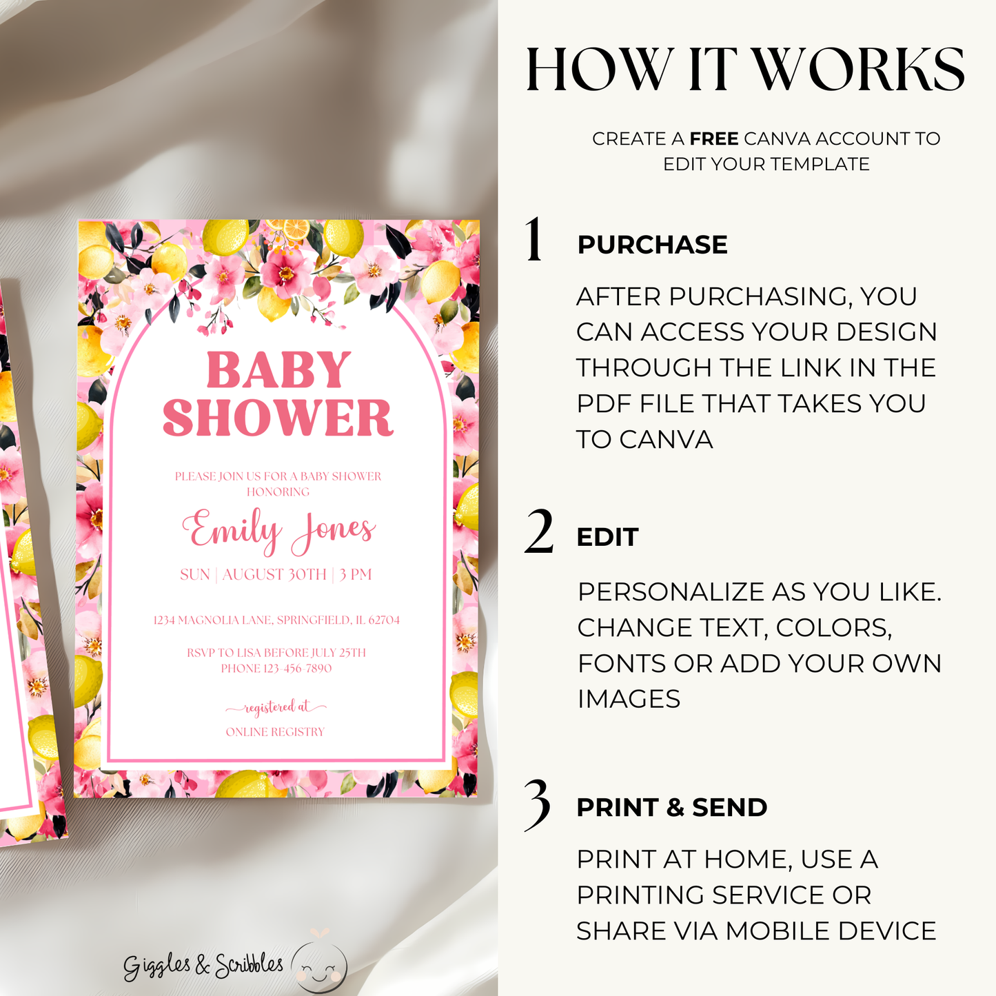 Baby Shower Invitation - Pink Lemon Citrus Summer Floral BS113