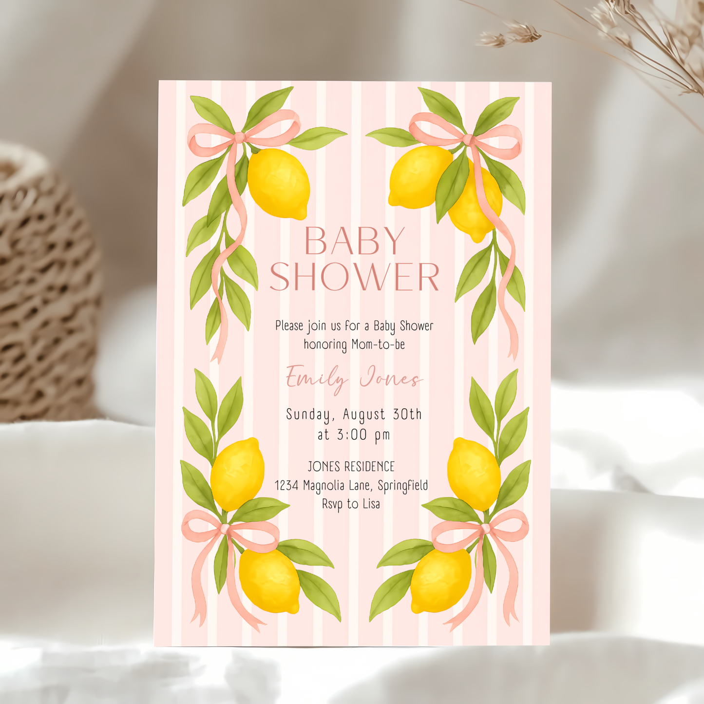 Baby Shower Invitation - Pink Lemon & Bows Ciao Baby Girl BS173